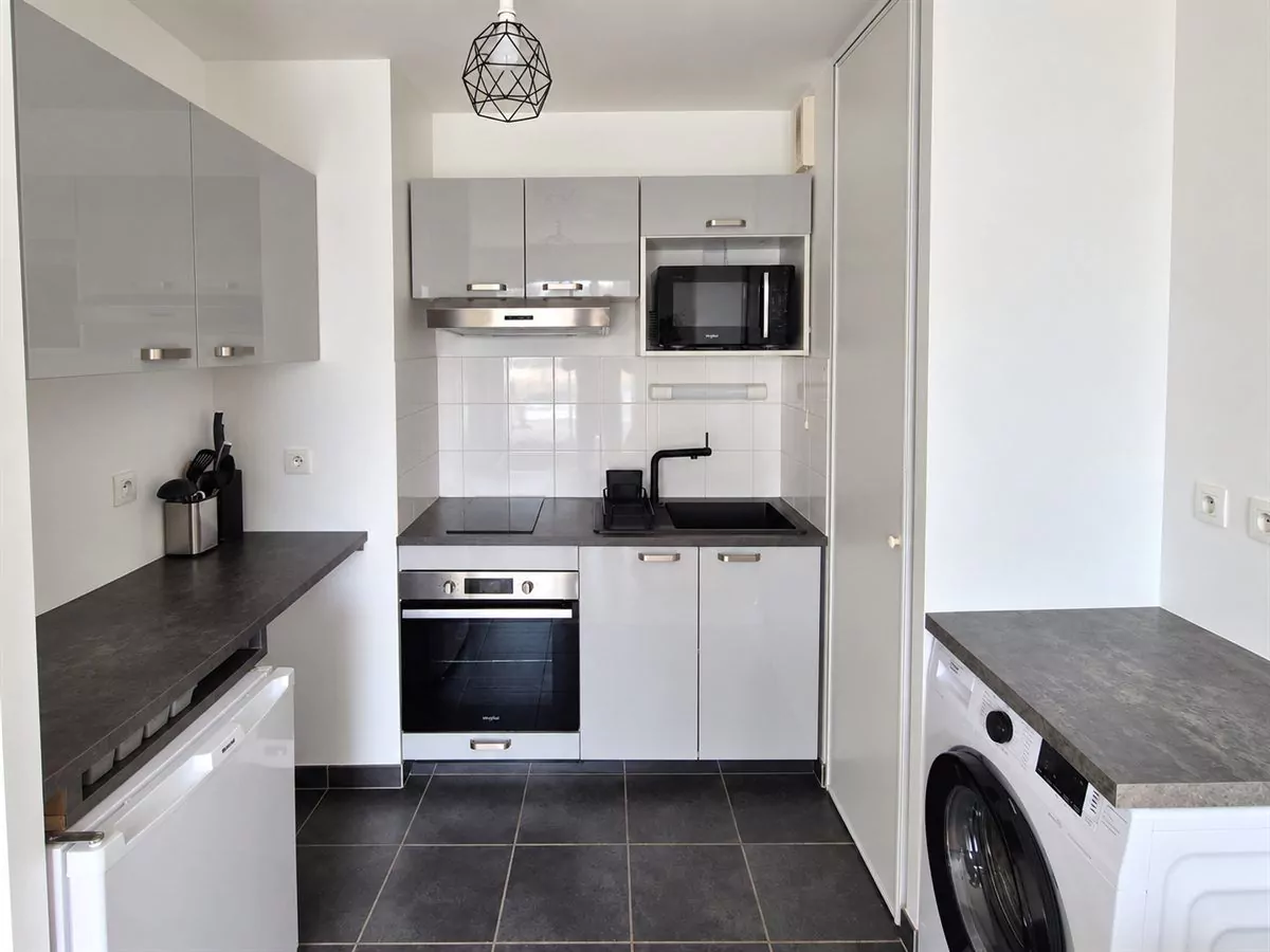 Cuisine refaite : façades grises, four, plaque à induction, micro-ondes et lave-linge