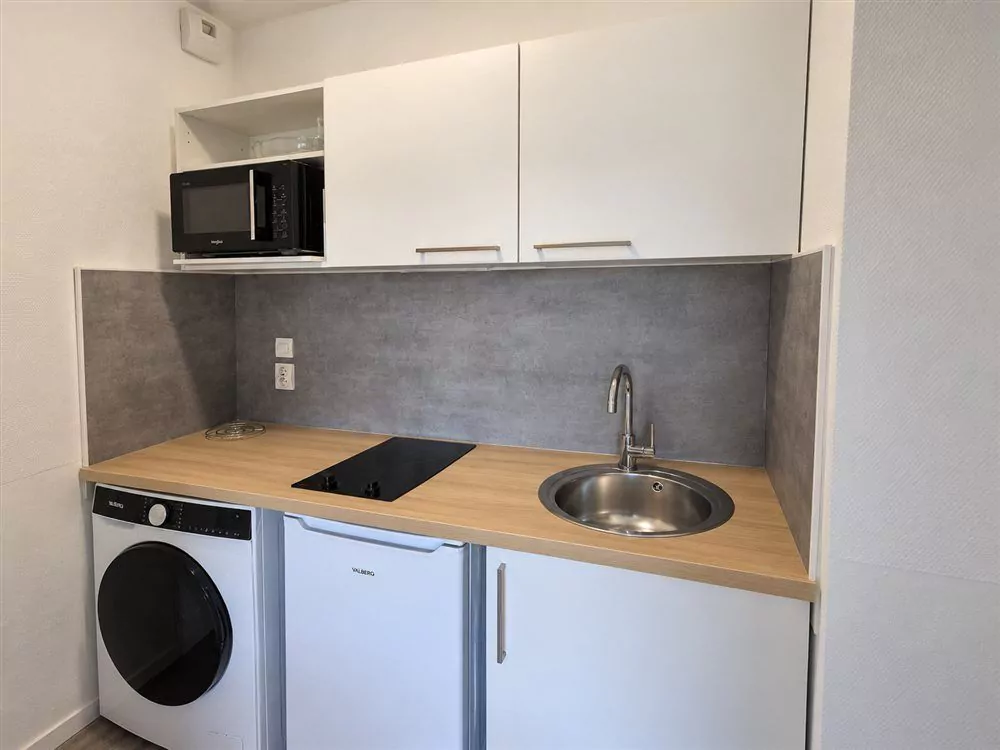 Kitchenette refaite : crédence grise, plan de travail bois, plaque à induction et lave-linge